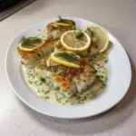 Baked cod fillet topped with lemon-dill sauce on a plate