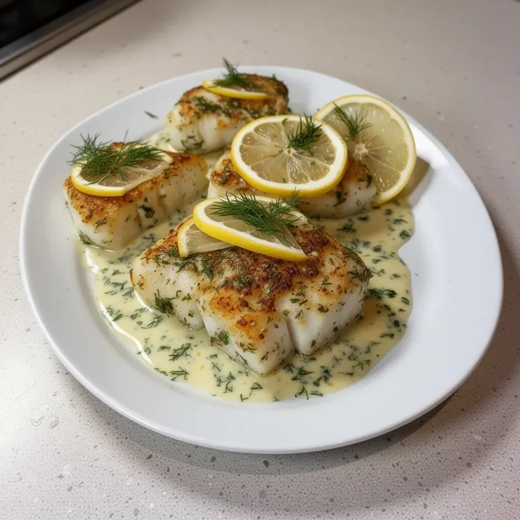 Baked cod fillet topped with lemon-dill sauce on a plate