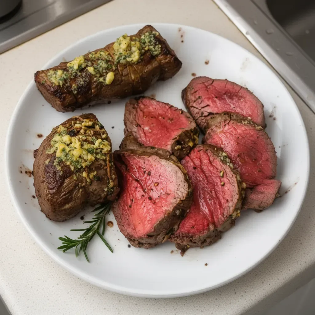 Perfectly cooked Beef Tenderloin served with garnishes on a plate
