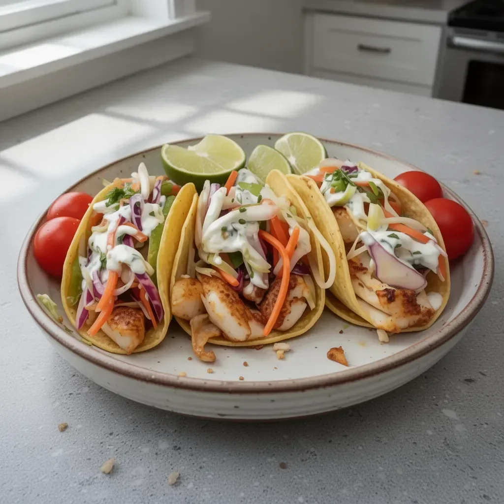Delicious homemade fish tacos served with fresh toppings