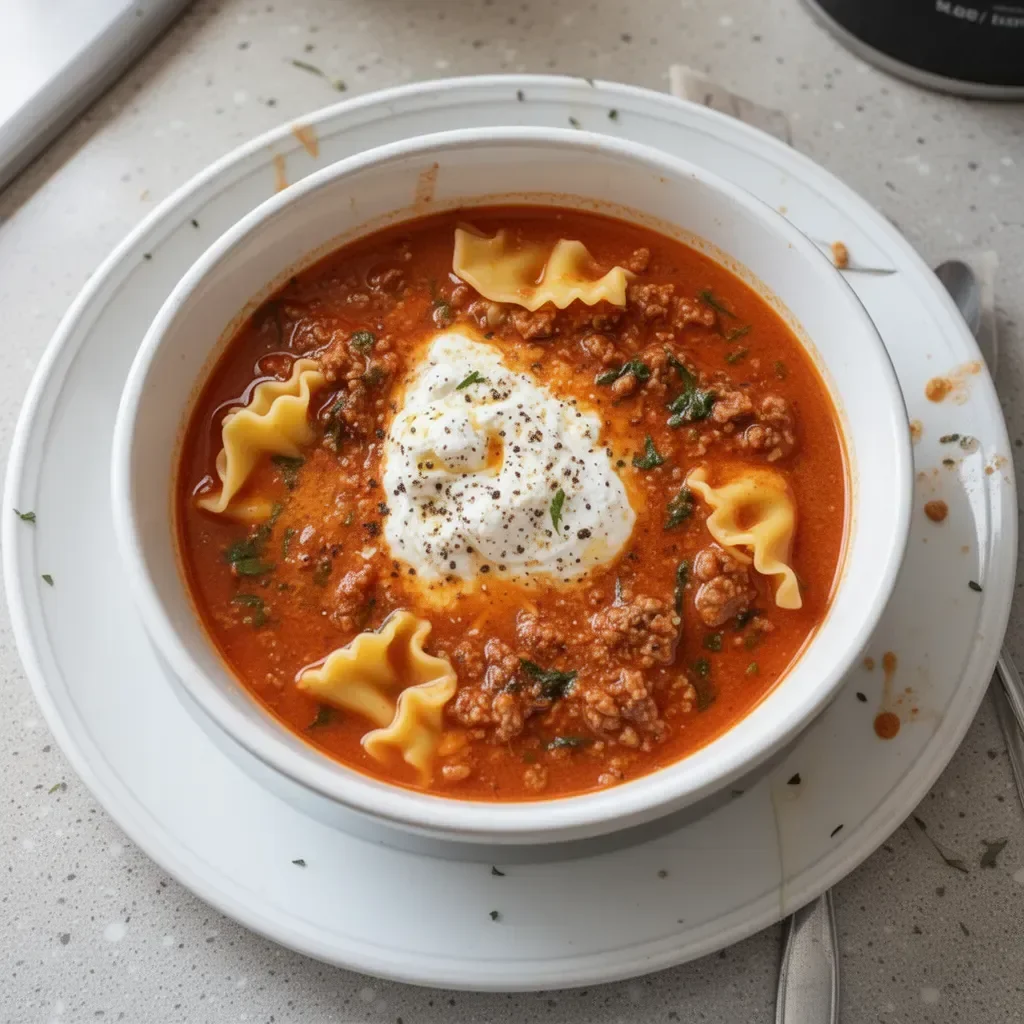 Delicious One-Pot Lasagna Soup in a bowl with cheese and fresh herbs