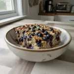 Delicious blueberry baked oatmeal served in a bowl with fresh blueberries