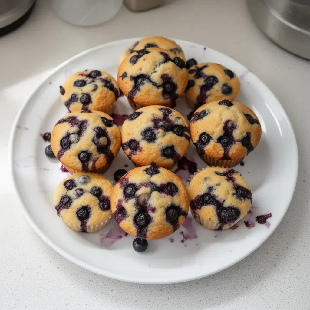 Freshly baked blueberry muffins on a cooling rack