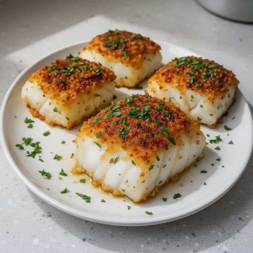 Delicious baked cod served with herbs and lemon in a baking dish