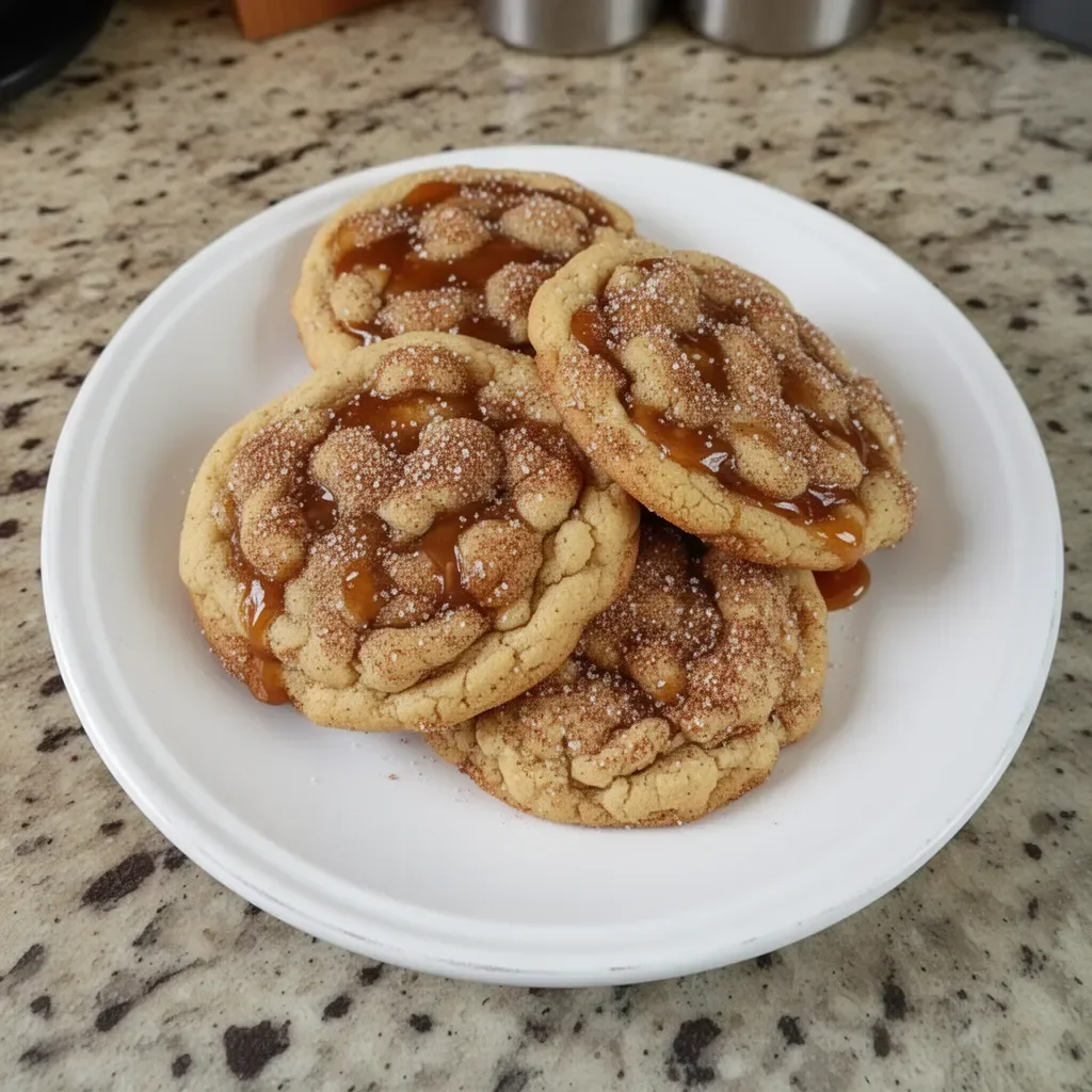Brown Sugar Cinnamon Caramel Cookies on a plate with a sprinkle of cinnamon