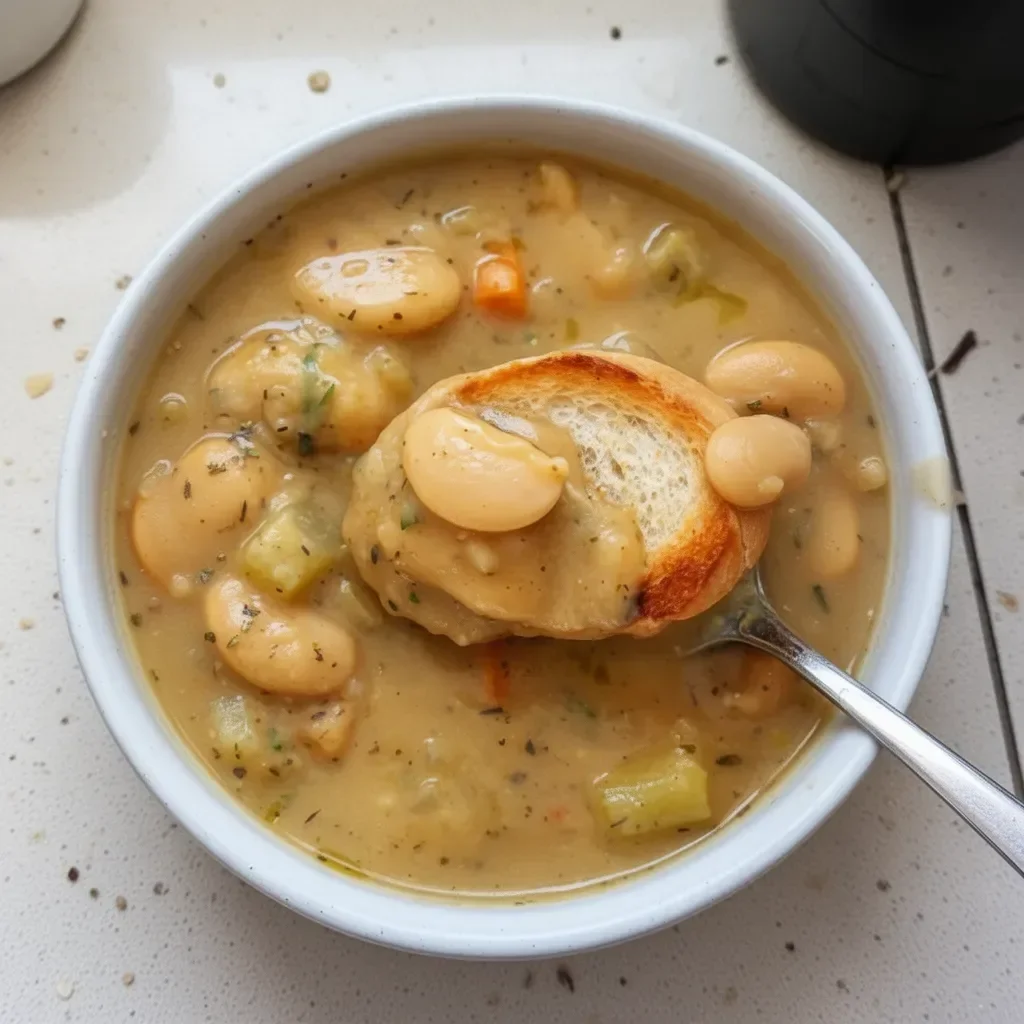 Bowl of creamy butter bean soup garnished with herbs