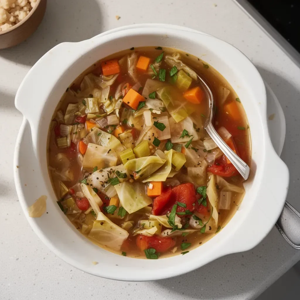 Hearty cabbage soup served in a bowl with fresh herbs and vegetables