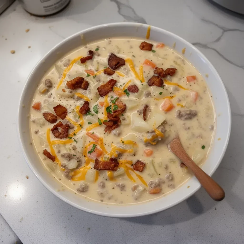 Bowl of delicious cheeseburger soup garnished with cheese and bacon