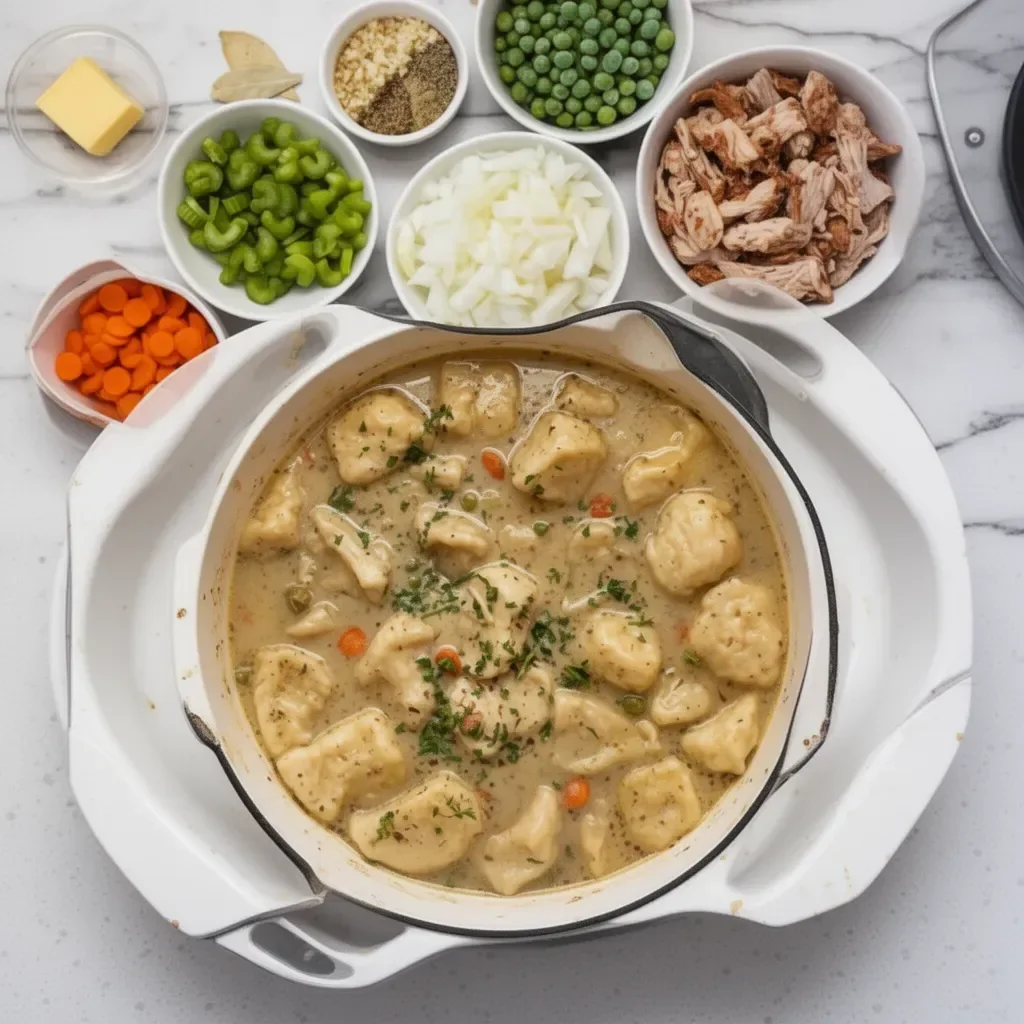Bowl of homemade chicken dumpling soup with chicken, dumplings, and vegetables