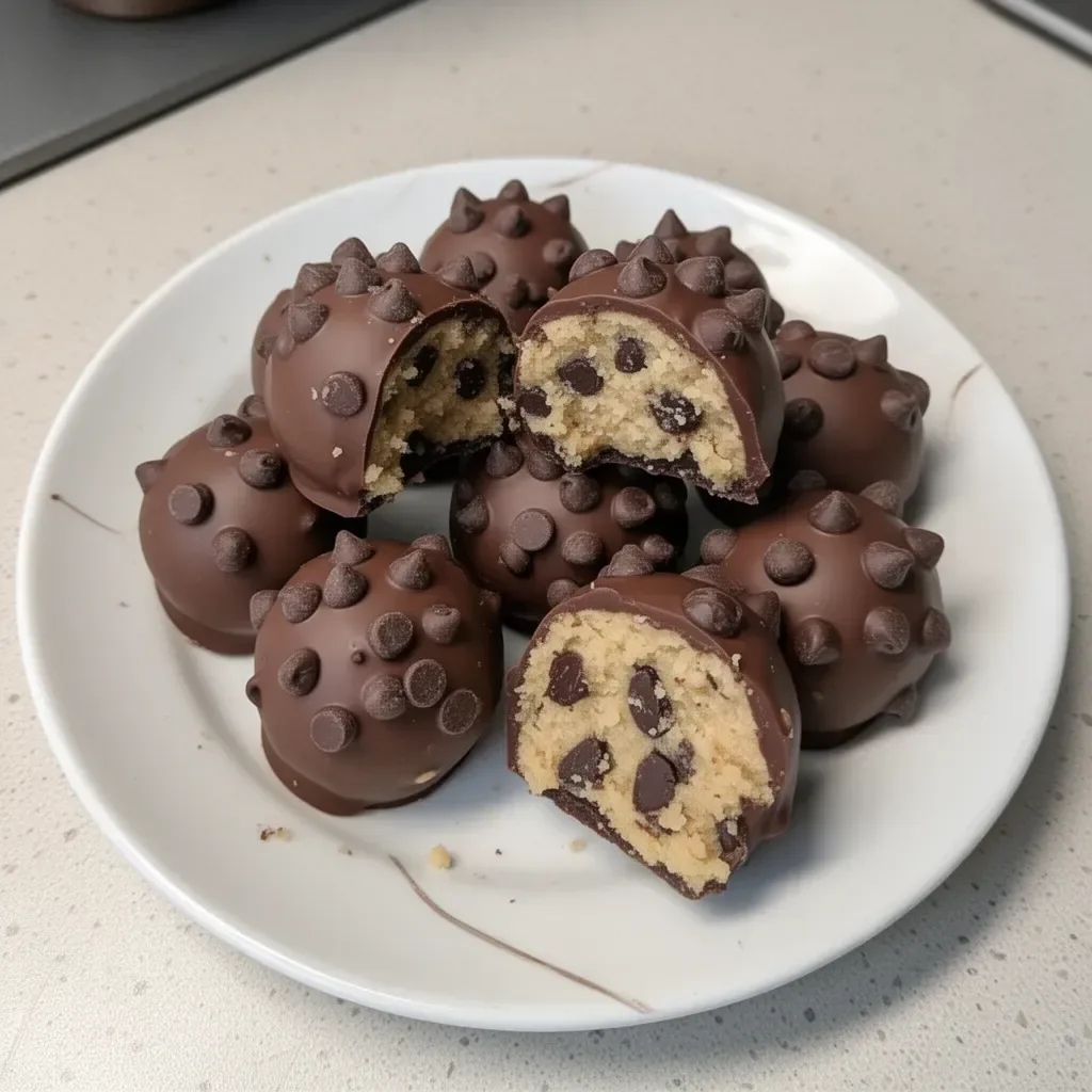 Delicious chocolate chip cookie dough truffles on a wooden table.