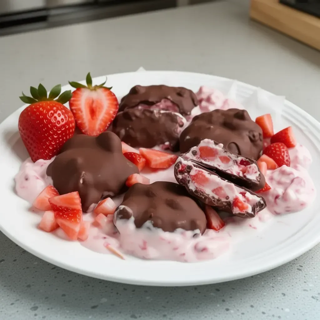 Chocolate strawberry yogurt clusters in a bowl, topped with fresh strawberries