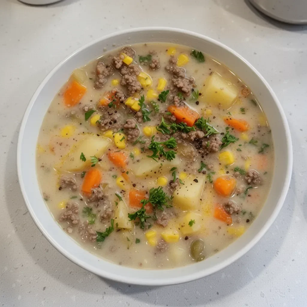 Bowl of classic ground beef potato soup garnished with fresh herbs