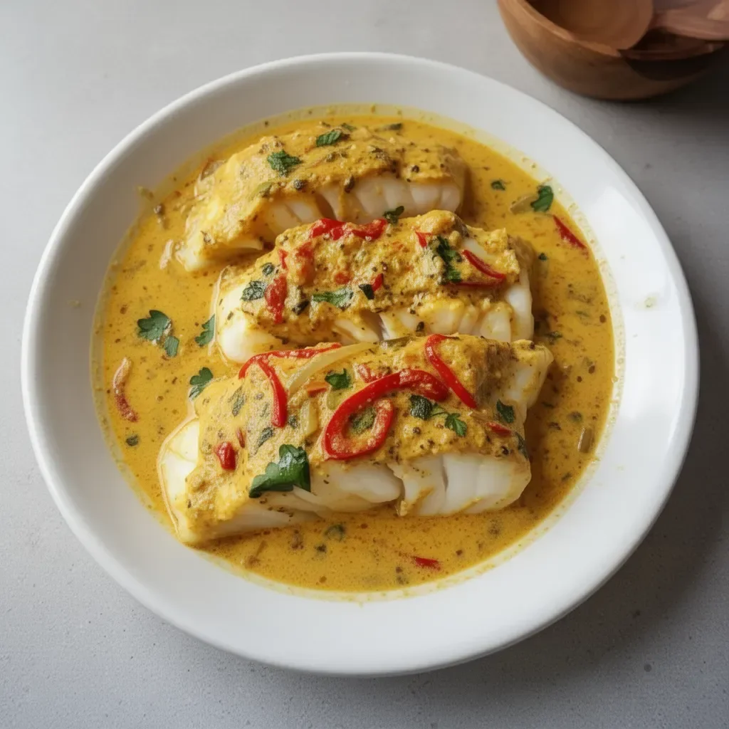 Plate of coconut curry baked cod garnished with fresh herbs