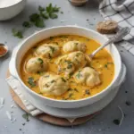 Bowl of Coconut Curry Soup with Dumplings garnished with herbs