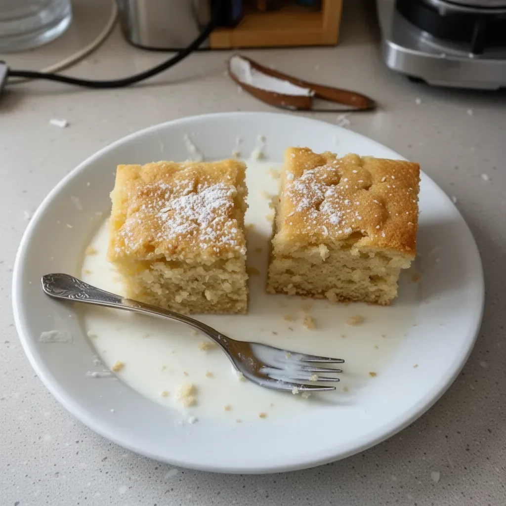 Moist coconut milk snack cake topped with toasted coconut flakes
