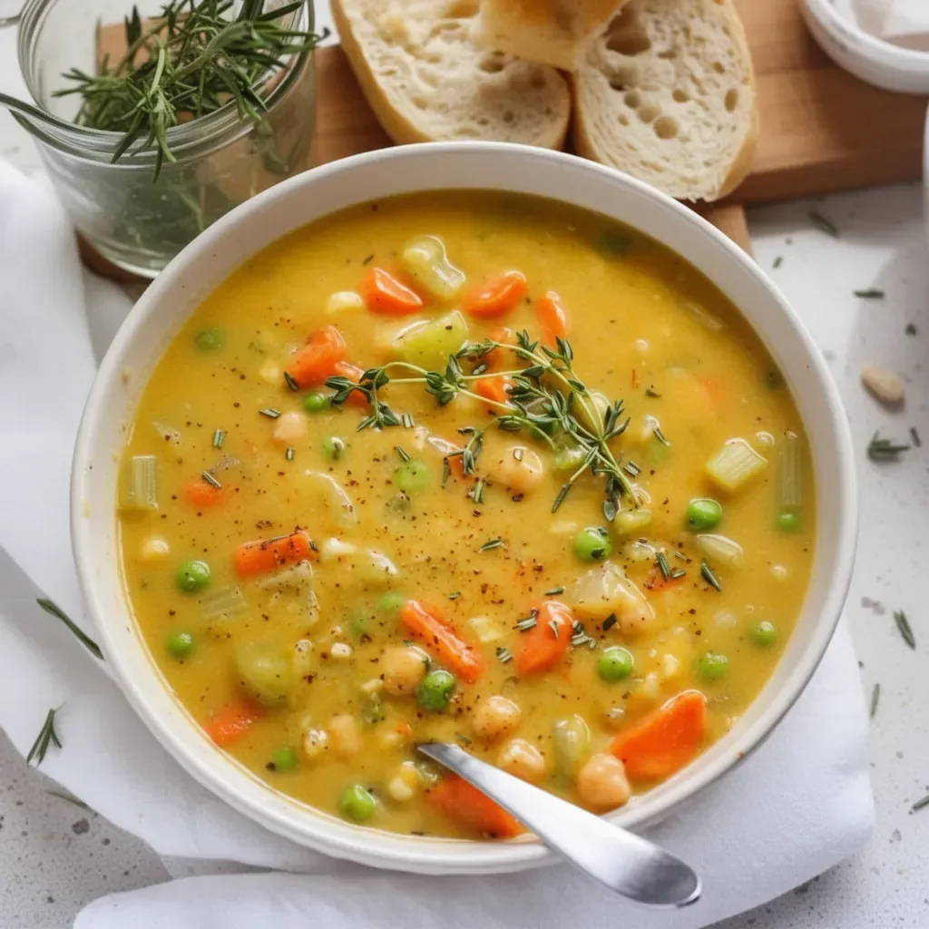 Delicious bowl of comforting one-pot creamy vegetable soup with fresh vegetables.