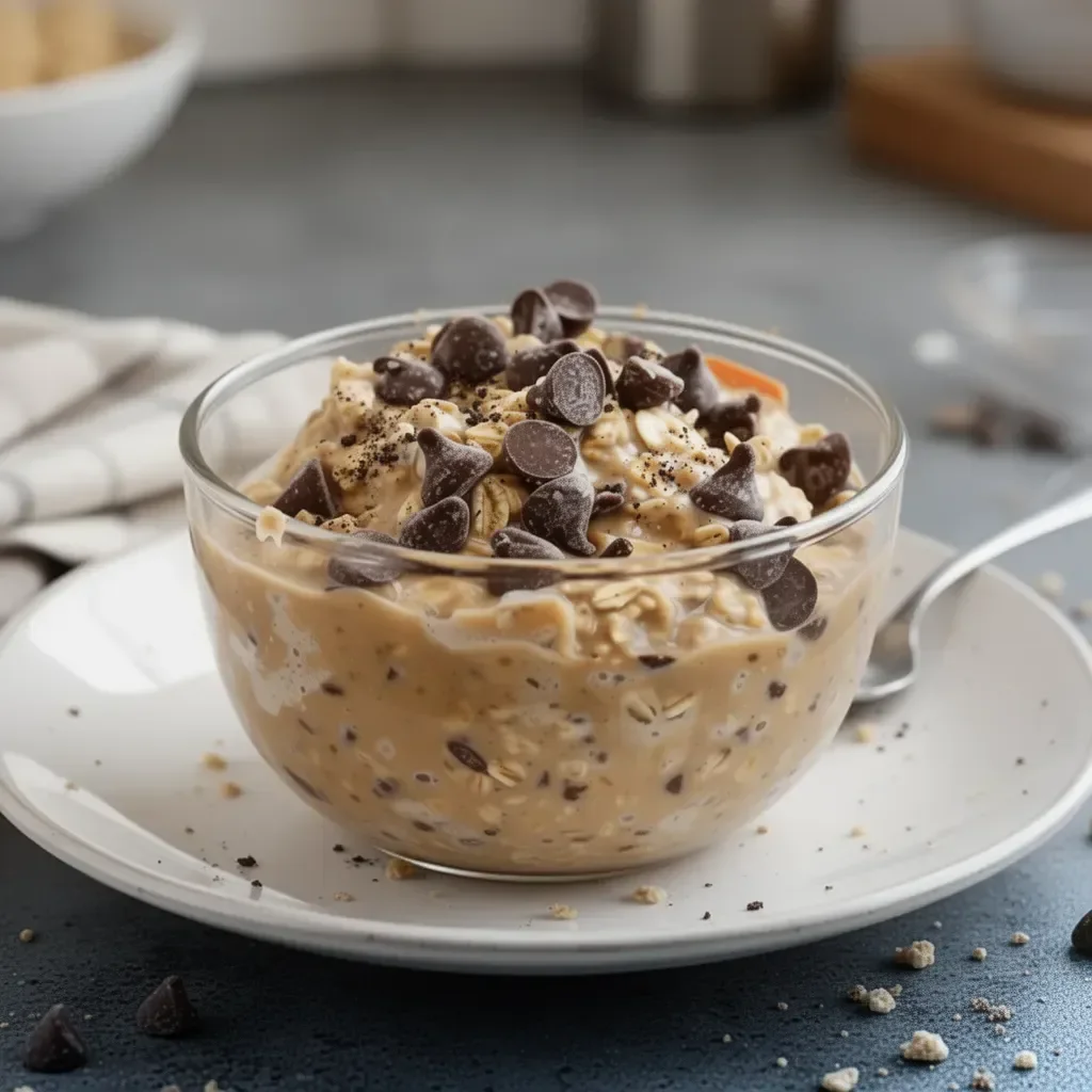 Bowl of cookie dough overnight oats topped with chocolate chips and nuts