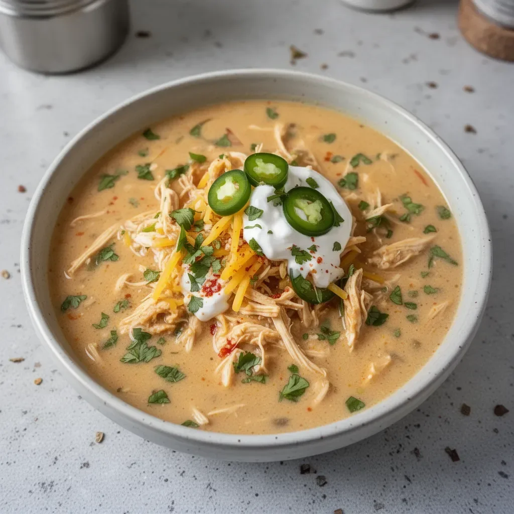 Creamy Chicken Enchilada Soup garnished with cilantro and tortilla strips