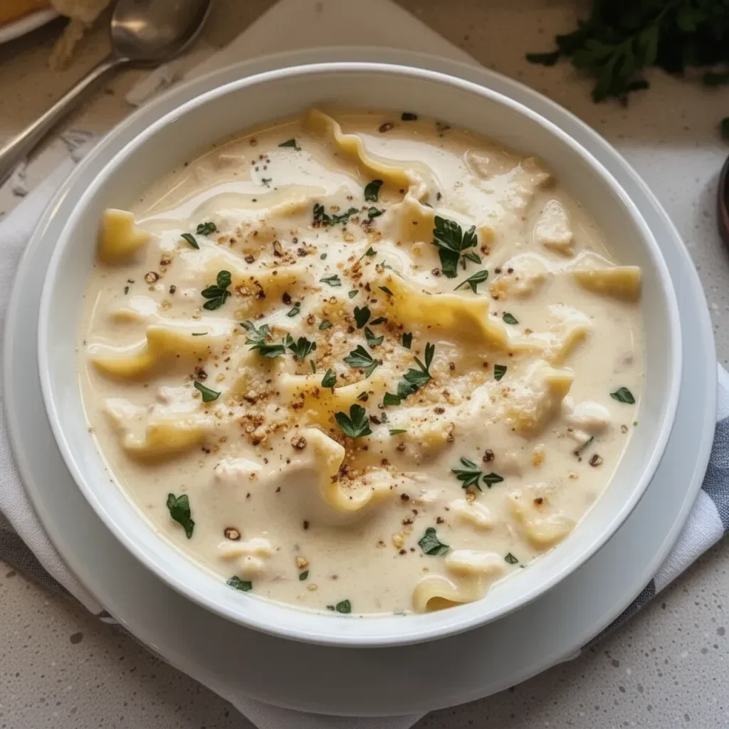 Delicious creamy chicken lasagna soup in a bowl with toppings