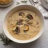 Creamy mushroom soup garnished with fresh rosemary in a bowl
