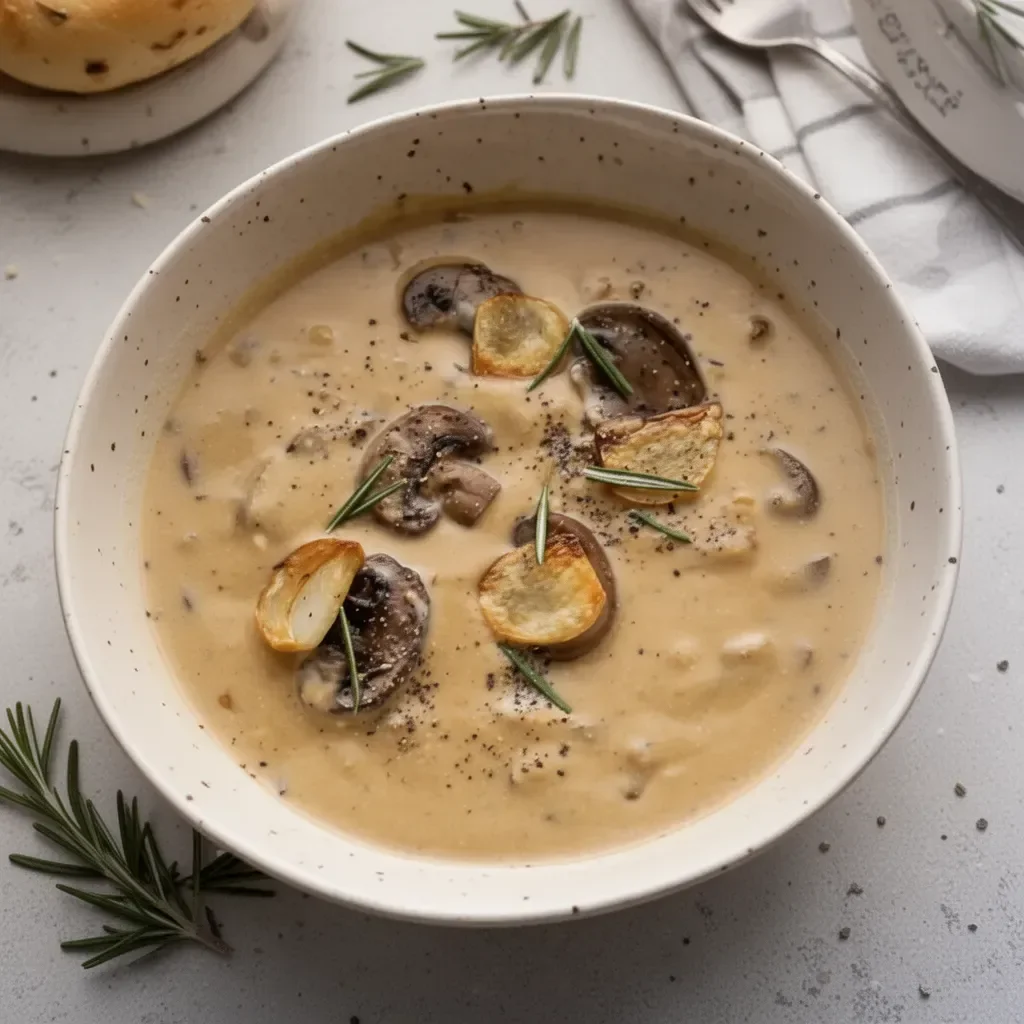 Creamy mushroom soup garnished with fresh rosemary in a bowl