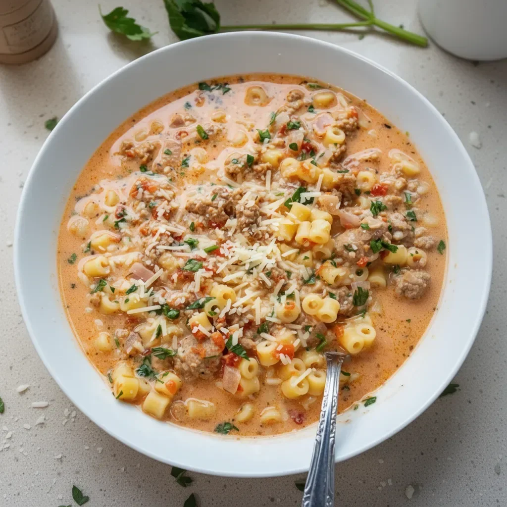Creamy Parmesan Italian sausage soup in a bowl with herbs and bread on the side.