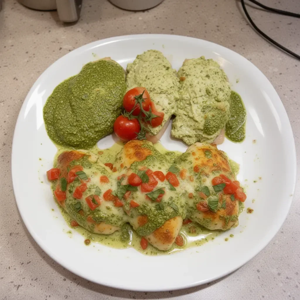 Creamy pesto baked chicken garnished with fresh herbs on a white plate