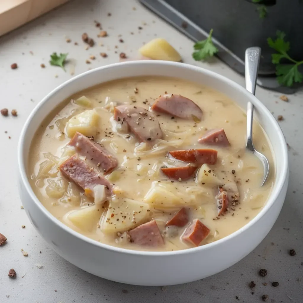 Bowl of creamy sausage, potato, and sauerkraut soup topped with fresh herbs