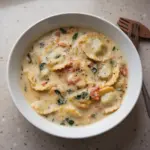Creamy Tuscan Ravioli Soup in a bowl garnished with herbs