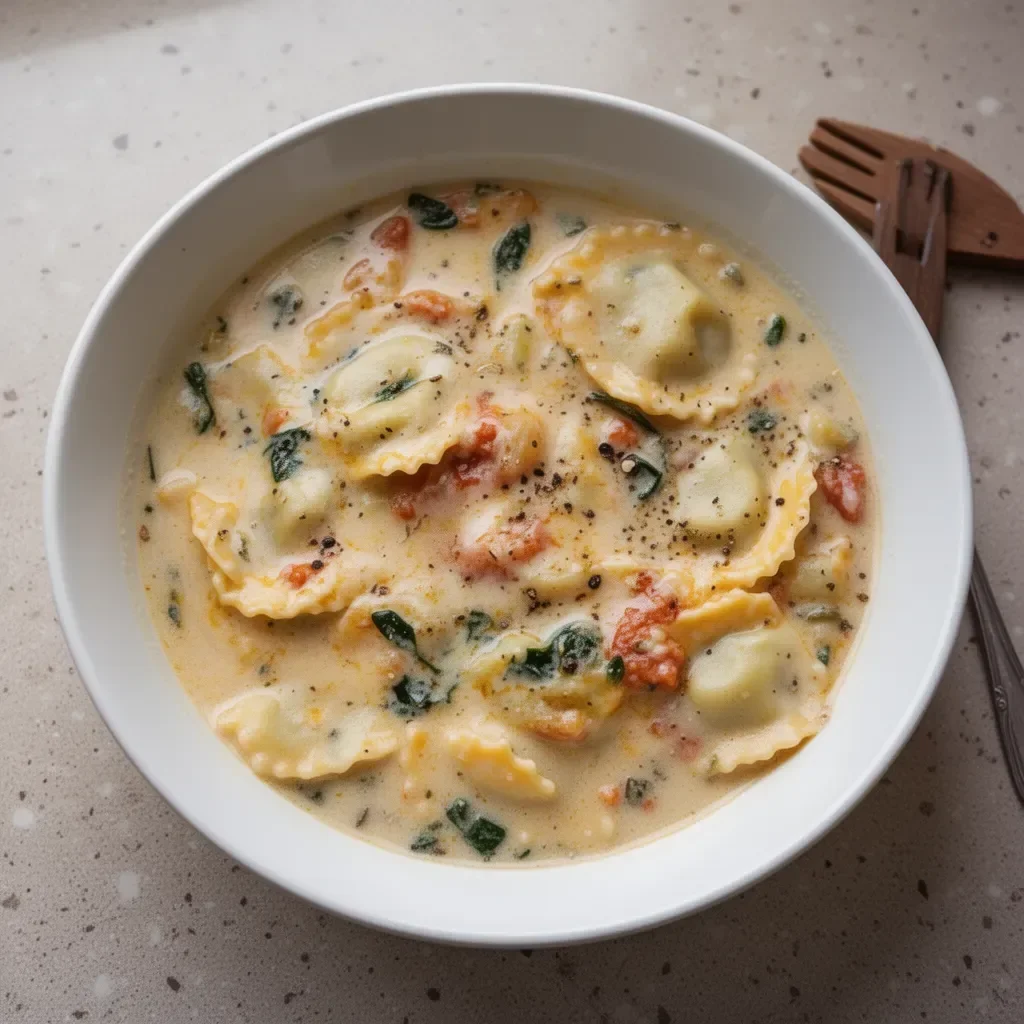 Creamy Tuscan Ravioli Soup in a bowl garnished with herbs