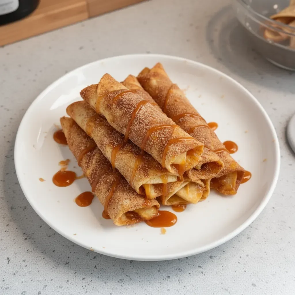 Crispy air fryer apple pie taquitos served with cinnamon and caramel sauce