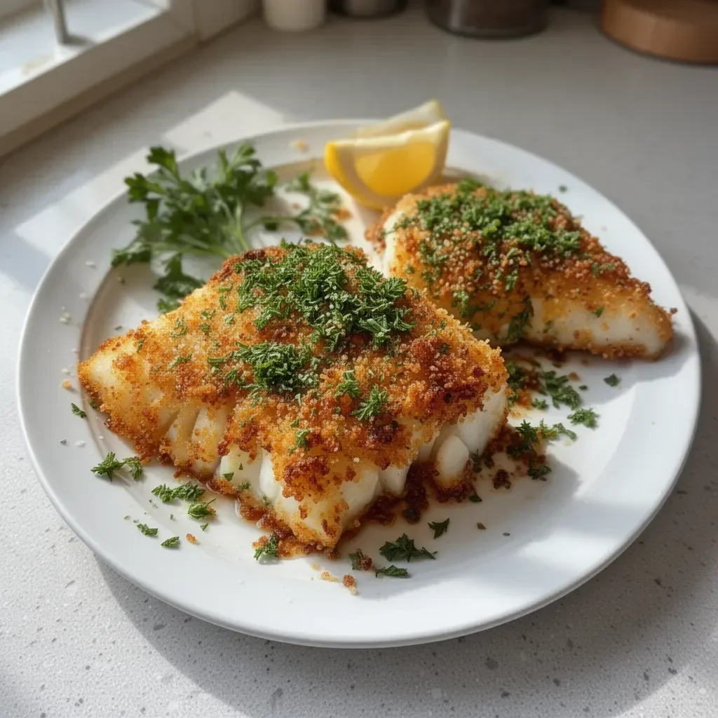 Crispy Air Fryer Parmesan Cod served with lemon and herbs for a healthy meal.