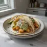 Crispy Baja Fish Tacos served with avocado cream drizzled on top