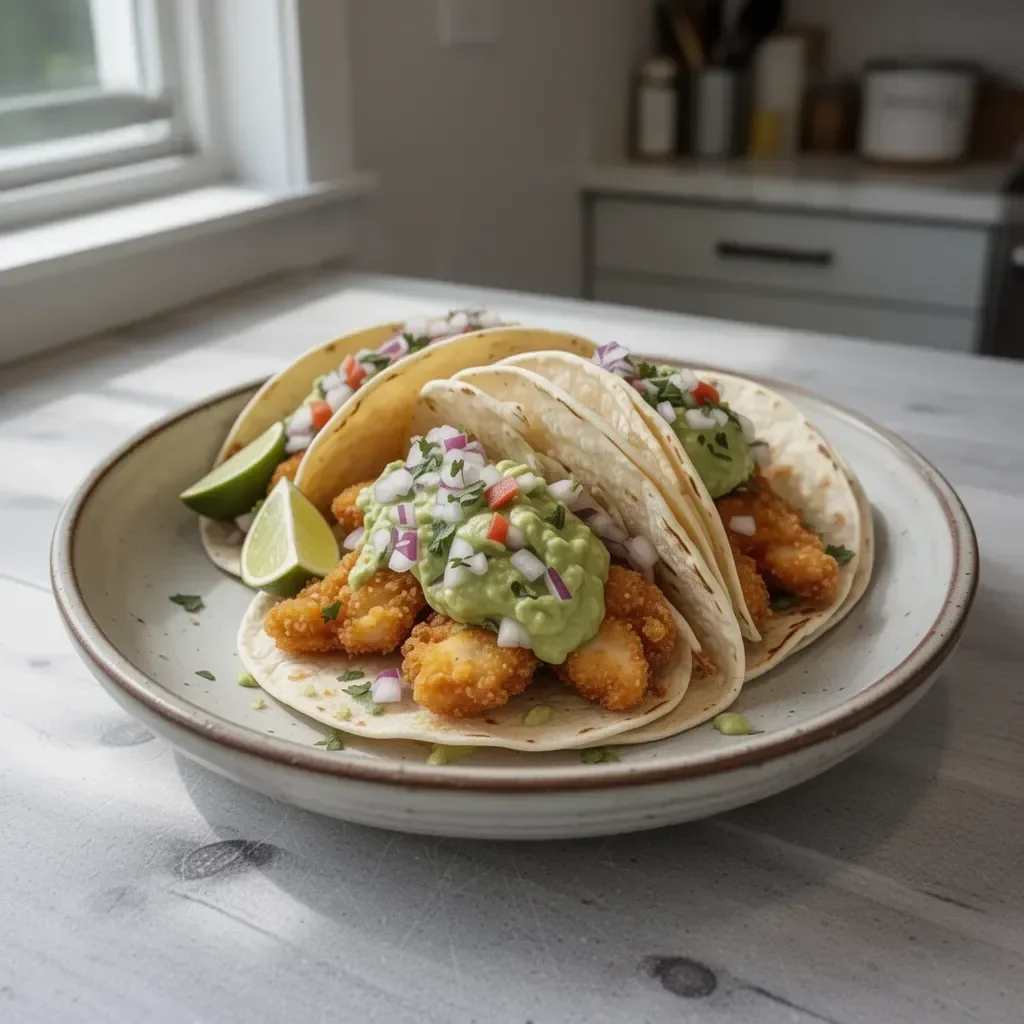Crispy Baja Fish Tacos served with avocado cream drizzled on top