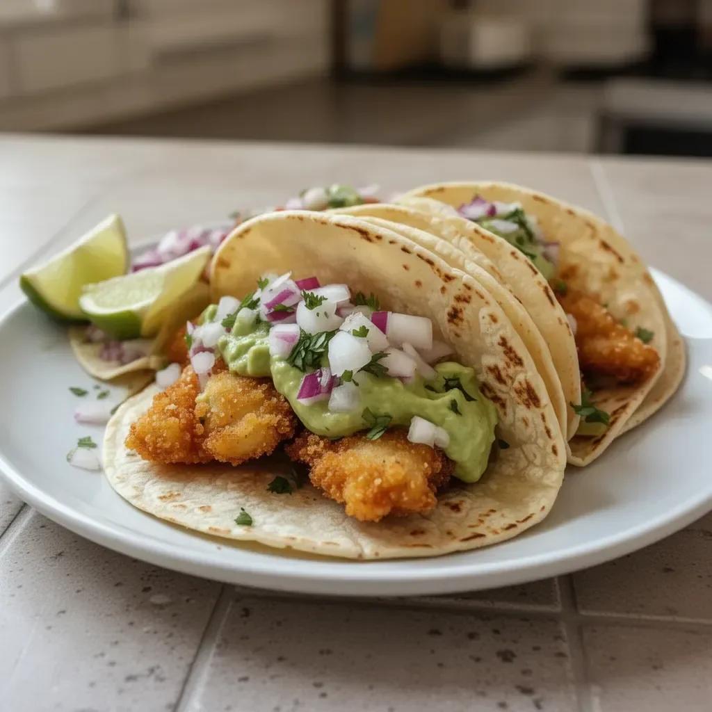 Crispy Baja Fish Tacos with Avocado Cream