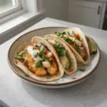 Delicious crispy cod fish tacos served with fresh toppings