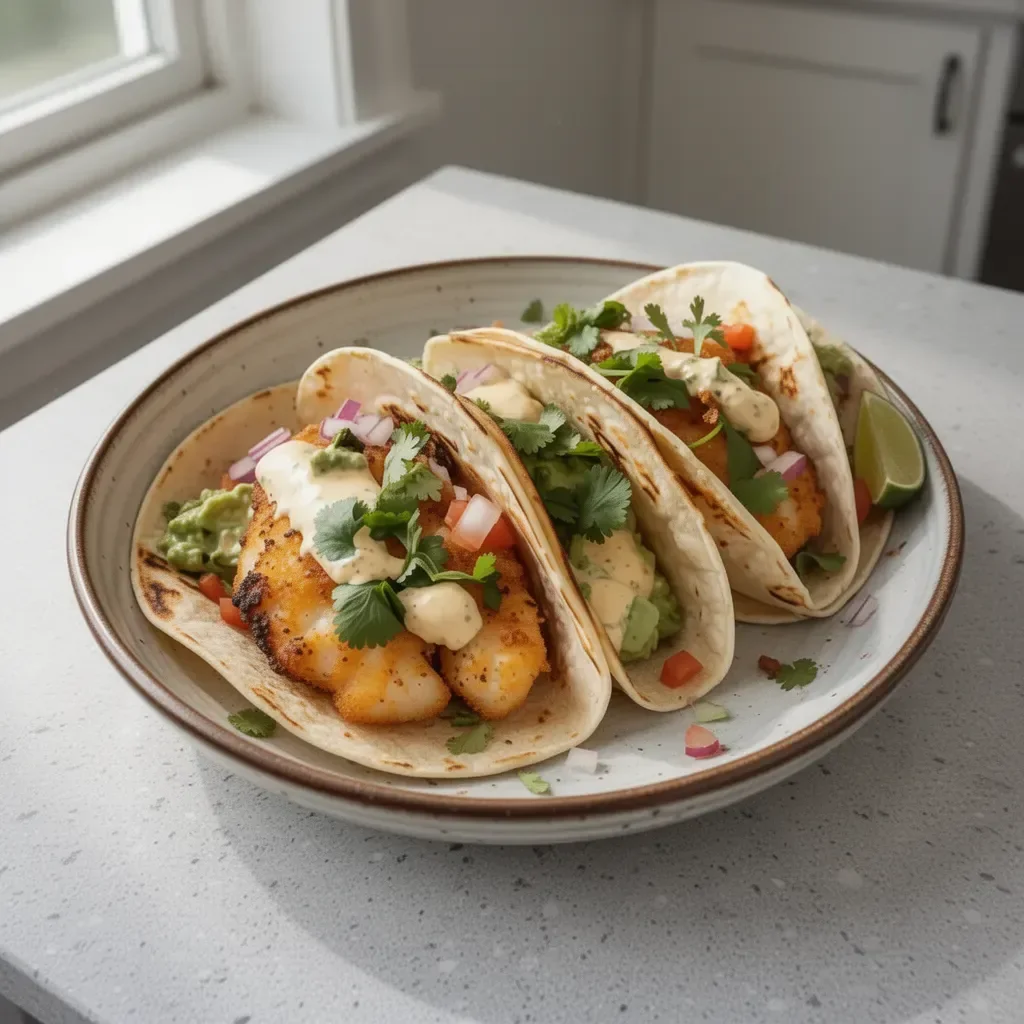 Delicious crispy cod fish tacos served with fresh toppings