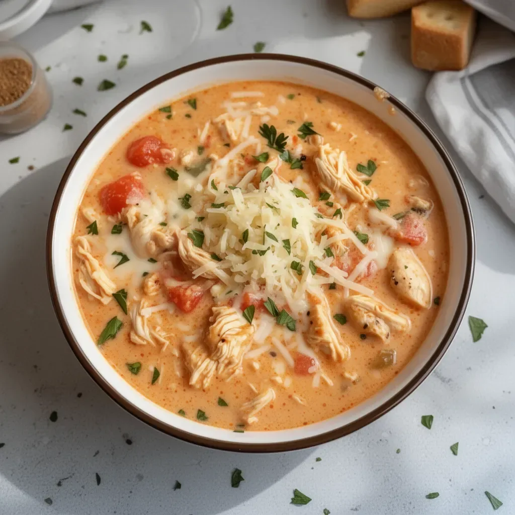 Delicious Crock Pot Creamy Chicken Parmesan Soup in a bowl, garnished with herbs.