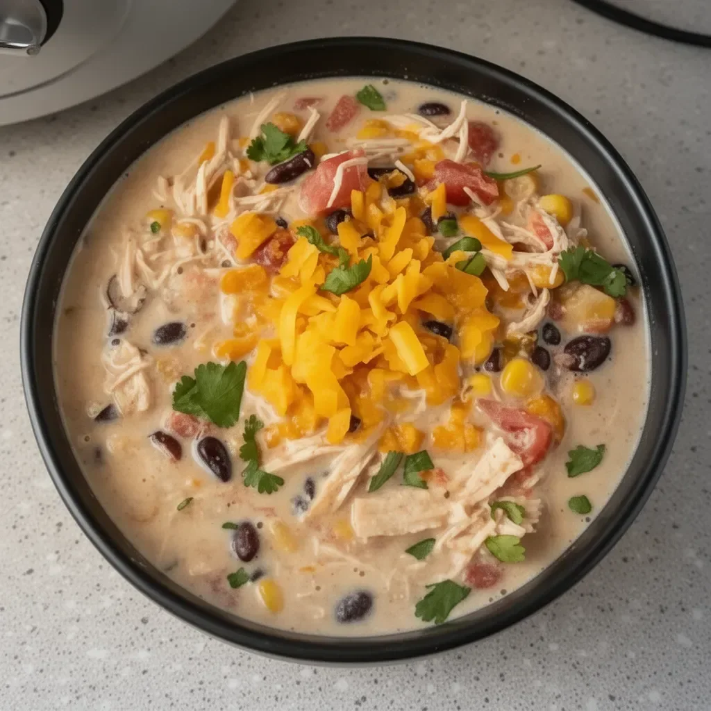 Crockpot Creamy Chicken Taco Soup served in a bowl with toppings.