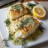 Baked cod fillet garnished with lemon and dill sauce on a plate