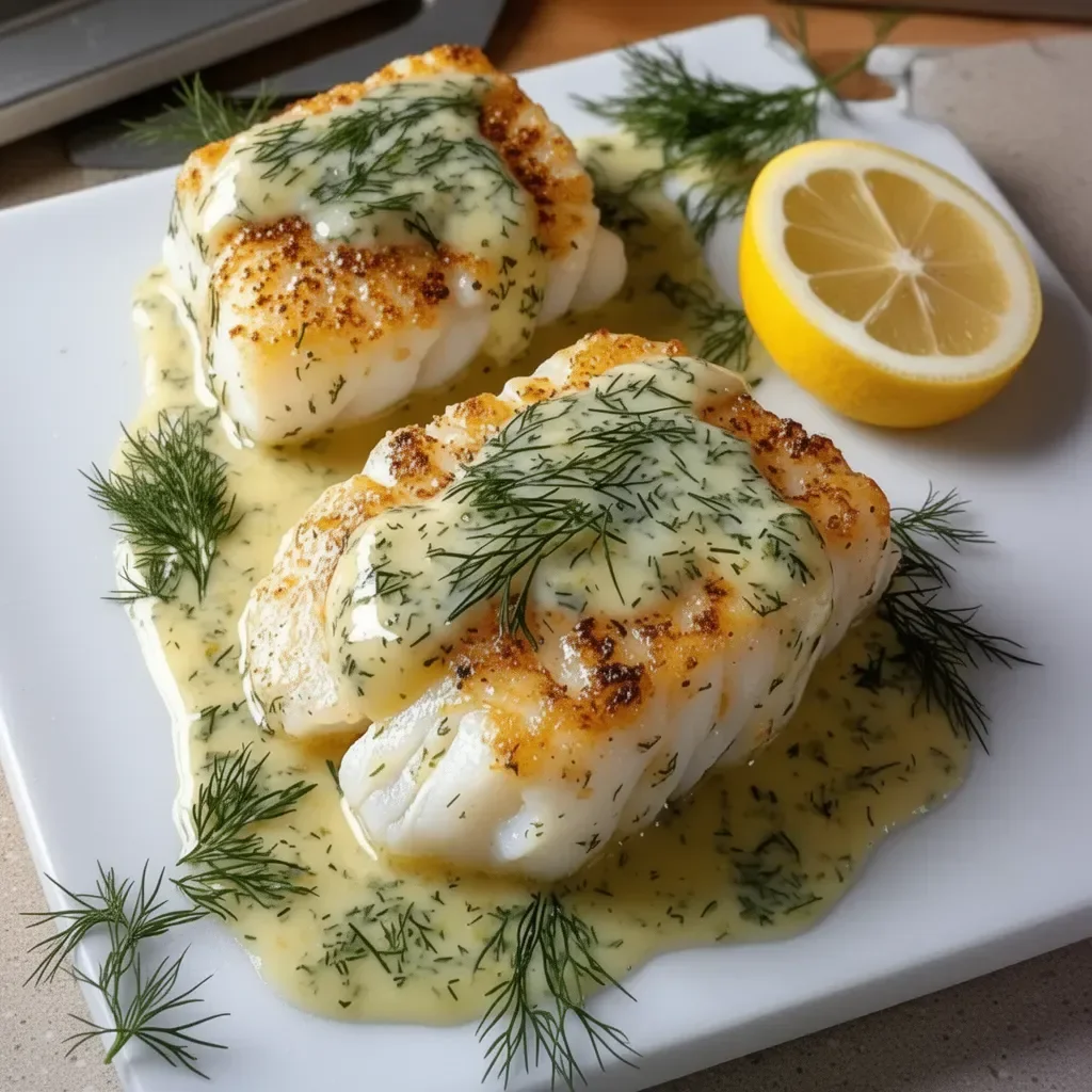 Baked cod fillet garnished with lemon and dill sauce on a plate