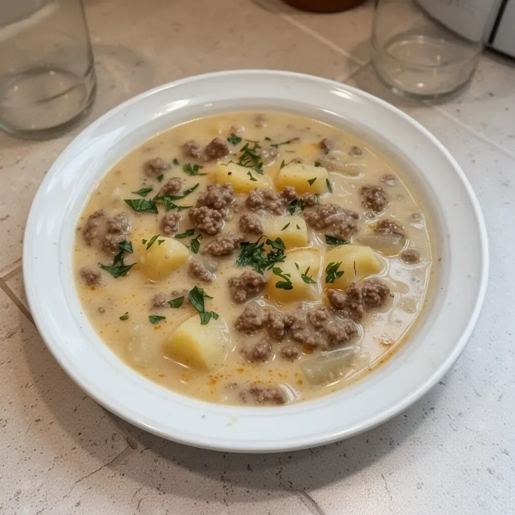 Bowl of delicious hamburger potato soup with fresh toppings