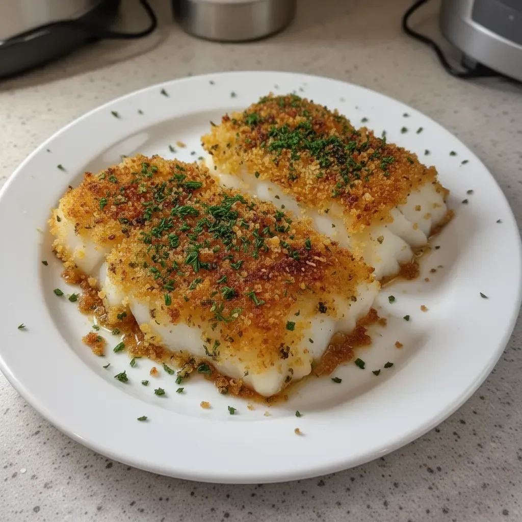 Baked cod topped with crispy panko served on a plate with lemon slices.