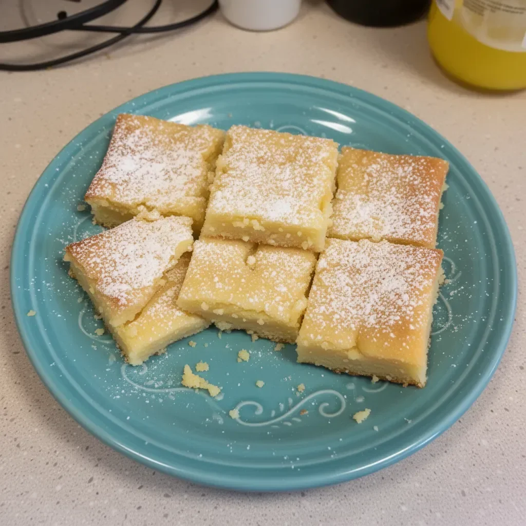Delicious 2-ingredient lemon bars on a wooden plate