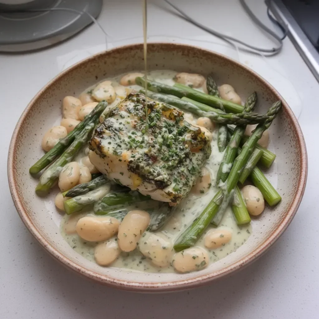 Easy air fryer cod recipe with herby mayo and asparagus side dish