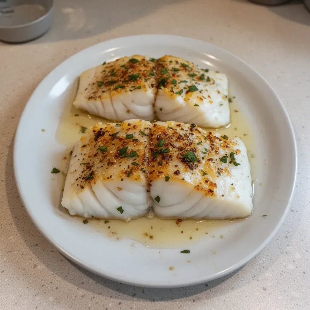 Deliciously baked cod fillet garnished with herbs and spices