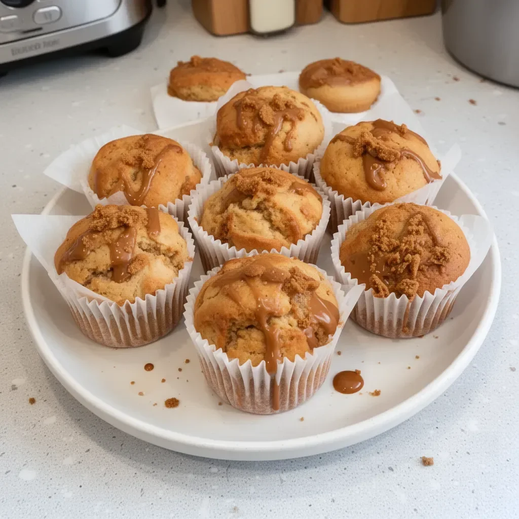 Freshly baked easy Biscoff muffins on a cooling rack.