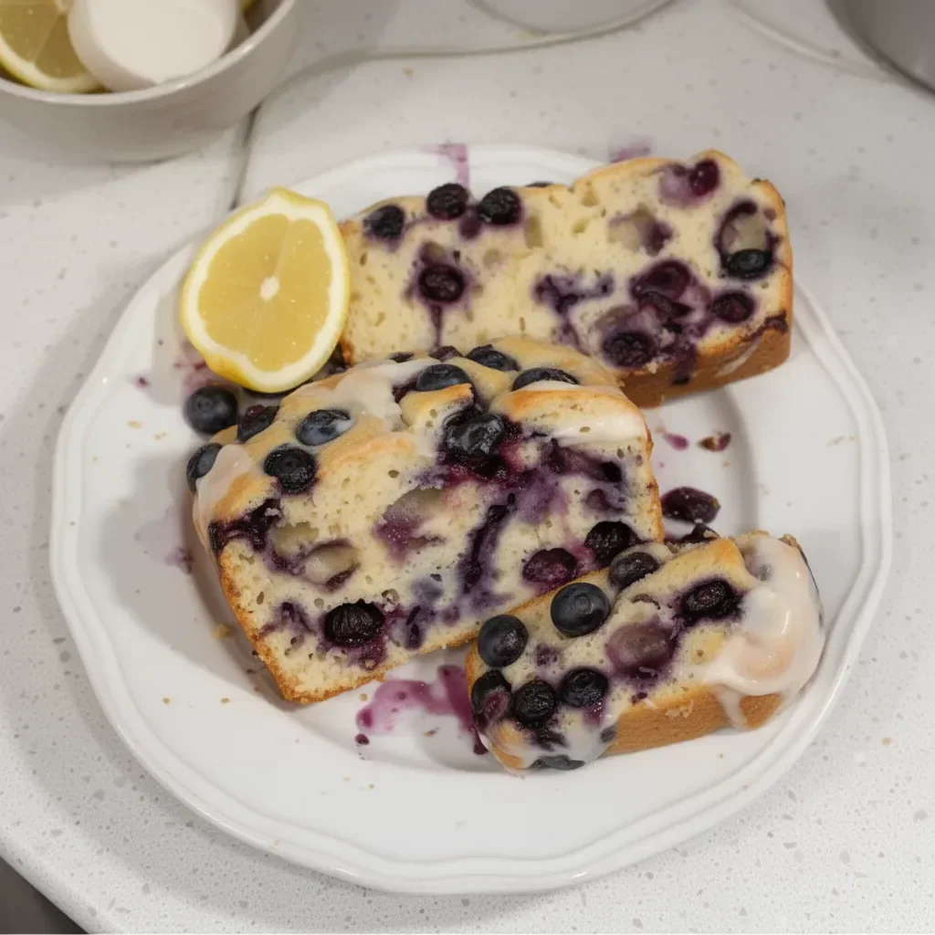 Sliced easy lemon blueberry bread on a wooden serving board