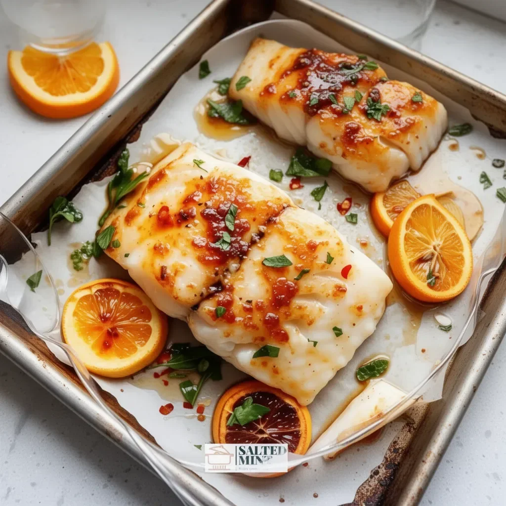 Easy sheet pan cod with citrus hoisin glaze served on a plate.