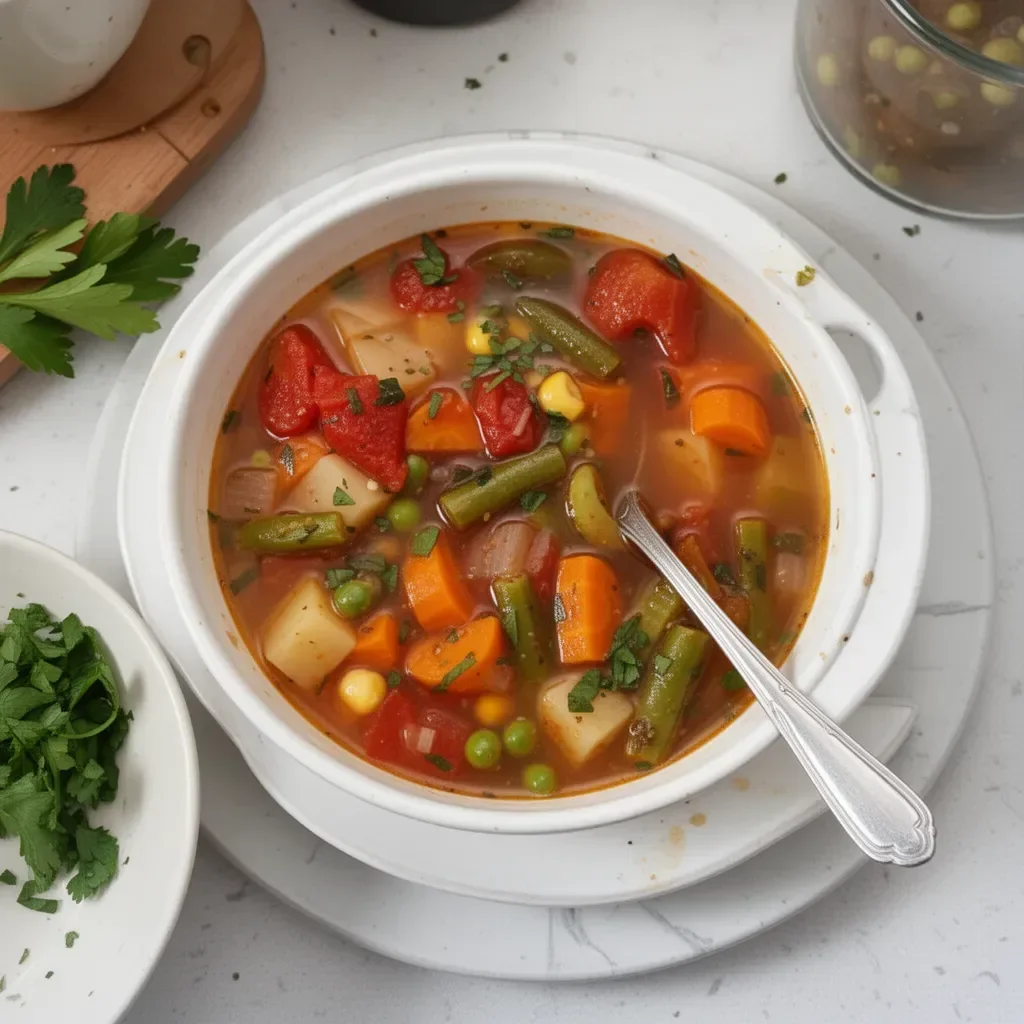 Bowl of easy vegetable soup with vibrant vegetables